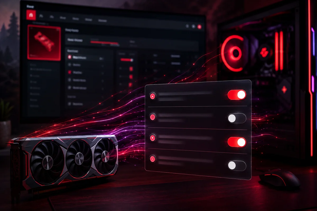 Creative illustration of an AMD Radeon GPU with holographic driver settings representing hidden AMD Multi Frame Generation options, RadeonTuner feature toggles, and upcoming FSR technologies without text.