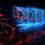 Futuristic AMD Radeon GPU creating multiple AI-generated gaming frames to represent AMD Multi Frame Generation, advanced FSR rendering, and hidden driver technology with no text.