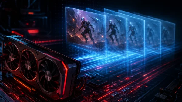 Futuristic AMD Radeon GPU creating multiple AI-generated gaming frames to represent AMD Multi Frame Generation, advanced FSR rendering, and hidden driver technology with no text.