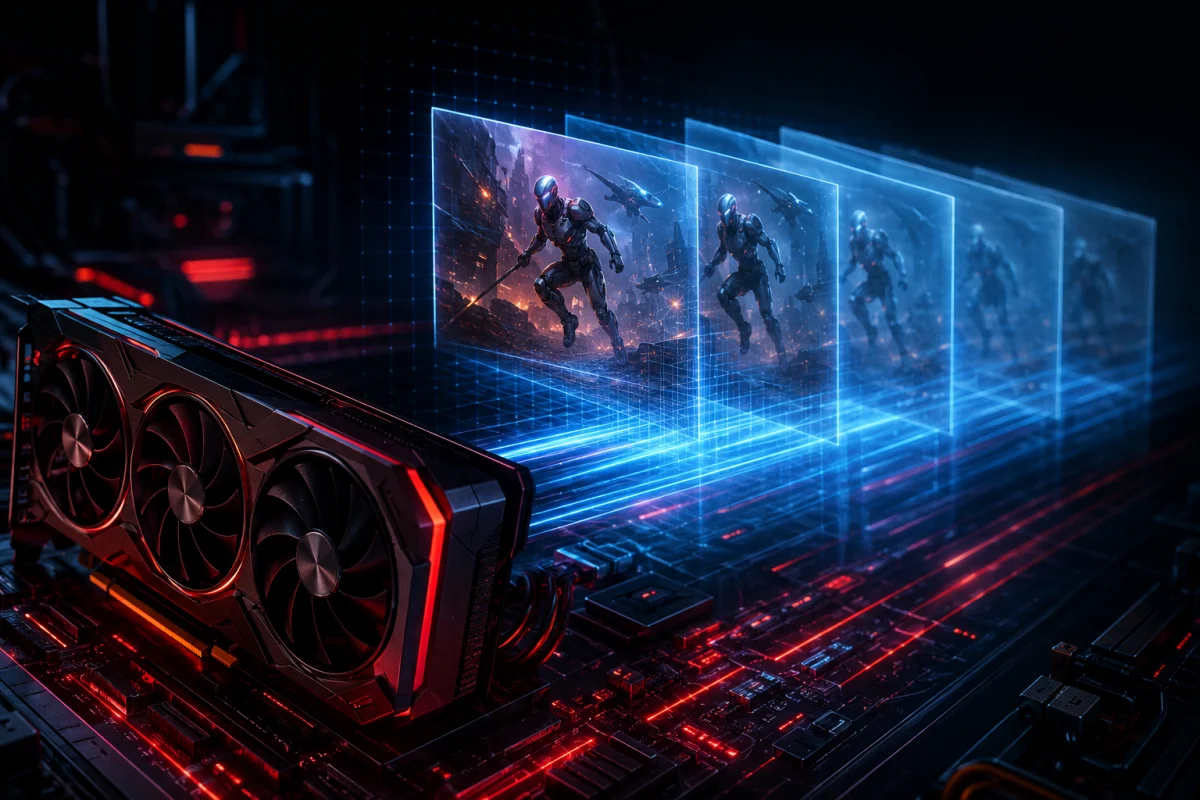 Futuristic AMD Radeon GPU creating multiple AI-generated gaming frames to represent AMD Multi Frame Generation, advanced FSR rendering, and hidden driver technology with no text.