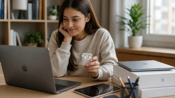 Student holding Apple AirPods beside a MacBook and iPad, representing the 2026 Apple Back to School promotion where Apple AirPods are no longer offered for free.