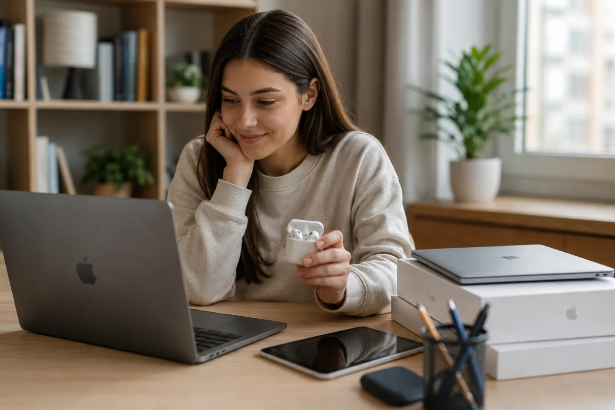 Student holding Apple AirPods beside a MacBook and iPad, representing the 2026 Apple Back to School promotion where Apple AirPods are no longer offered for free.