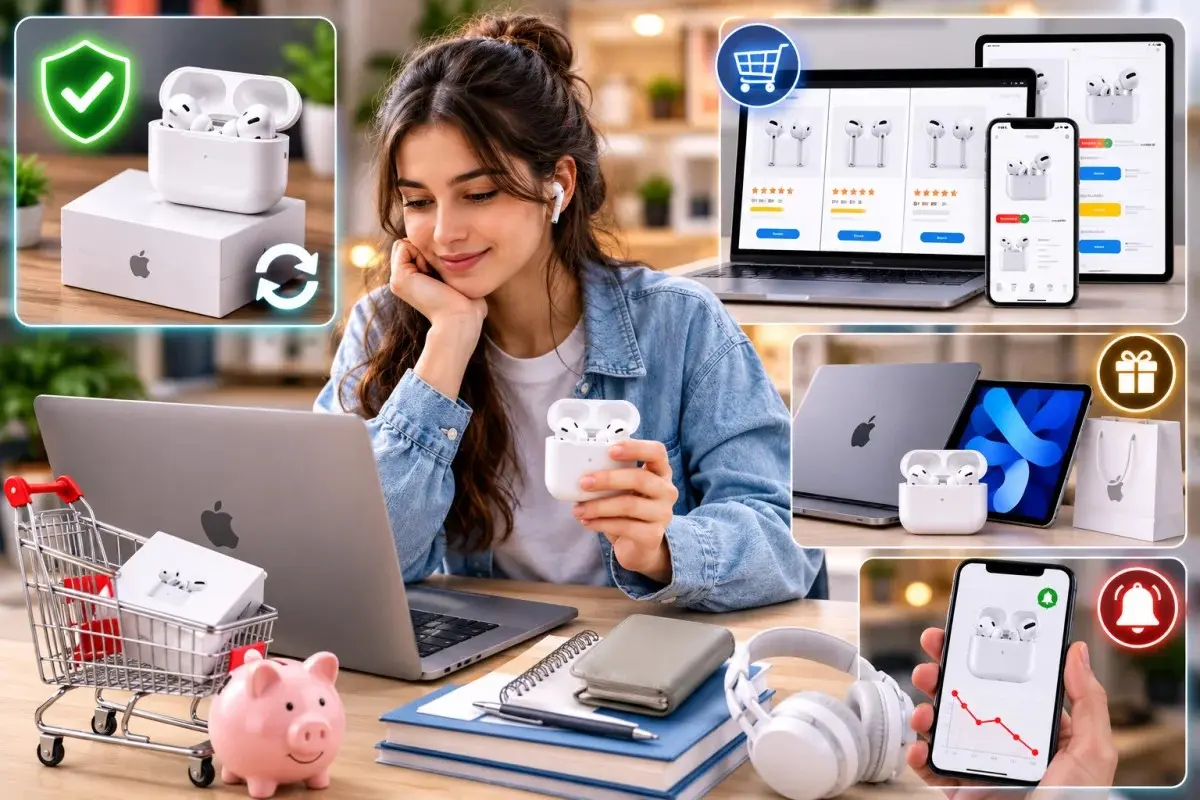 Student researching Apple AirPods discounts through certified refurbished options, retailer comparisons, bundle deals, and price-drop alerts using a laptop and smartphone.