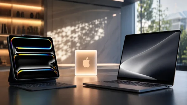 Concept illustration of Apple's upcoming 2027 iPad Pro and redesigned MacBook Pro showcasing next-generation hardware, AI-powered M7 performance, and a modern premium design in a professional workspace.