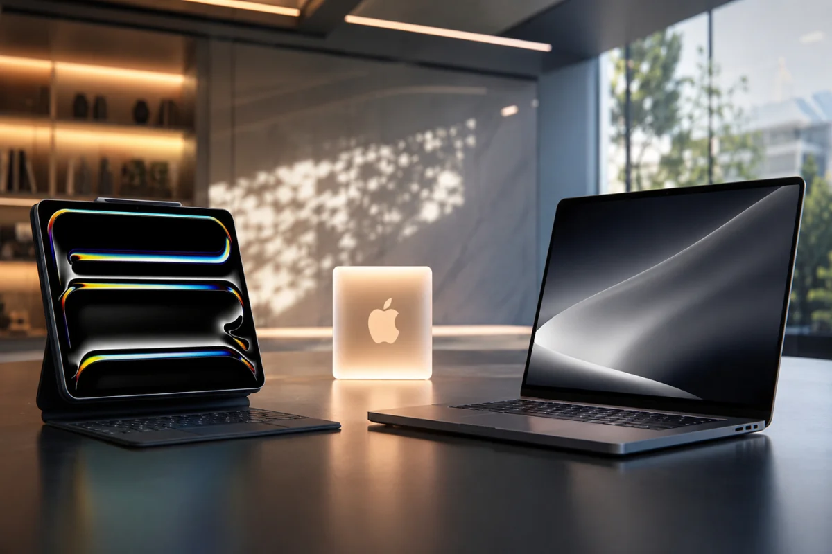 Concept illustration of Apple's upcoming 2027 iPad Pro and redesigned MacBook Pro showcasing next-generation hardware, AI-powered M7 performance, and a modern premium design in a professional workspace.