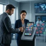 Business professionals analyzing Apple Store apps and app security network on a smartphone display in a corporate office
