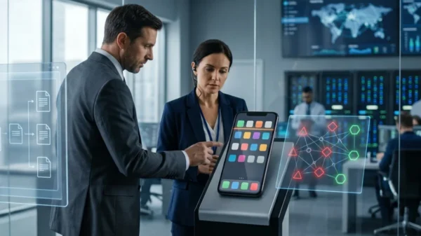 Business professionals analyzing Apple Store apps and app security network on a smartphone display in a corporate office