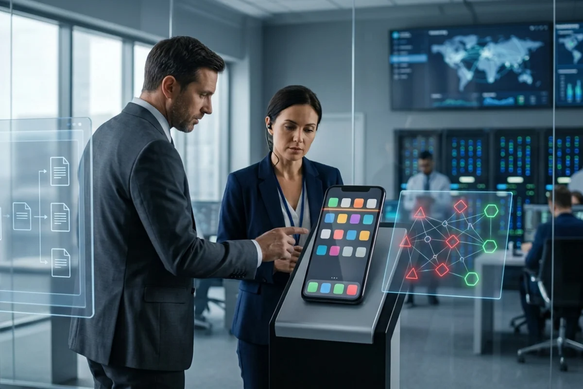 Business professionals analyzing Apple Store apps and app security network on a smartphone display in a corporate office
