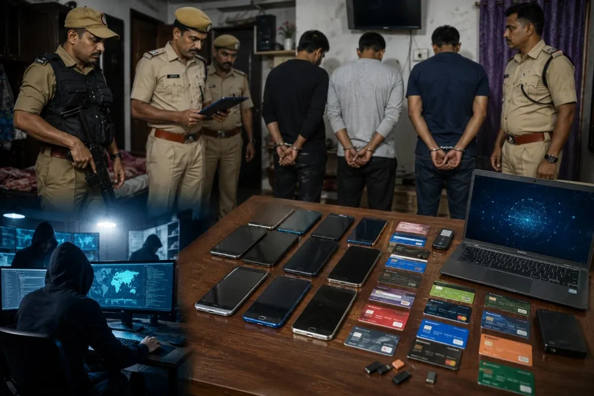 Assam Police carrying out cyber crime raids with arrested suspects, seized mobile phones, debit cards, and digital forensic evidence during an investigation.