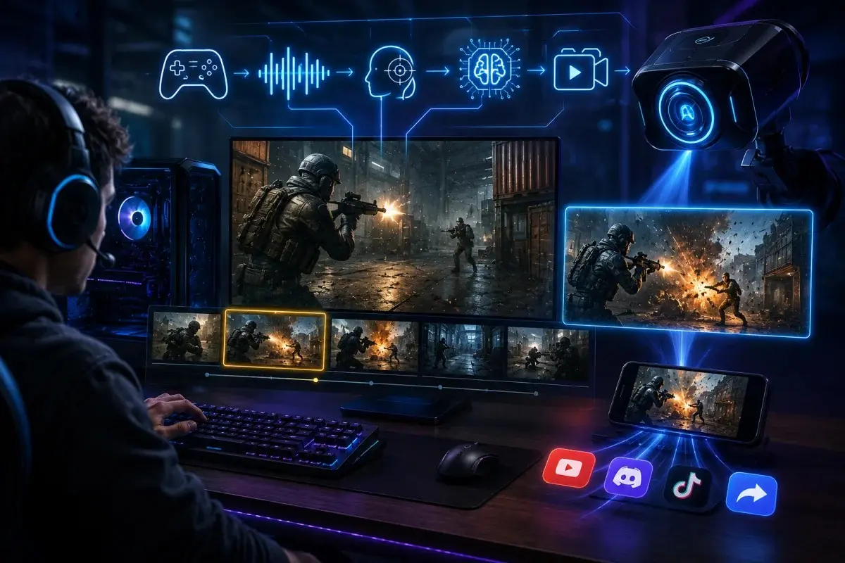 Ultra-realistic illustration of clipping software automatically detecting gaming highlights during fast-paced gameplay, featuring AI-powered background recording, instant highlight capture, automatic clip creation, and seamless sharing across modern gaming devices with no impact on performance.