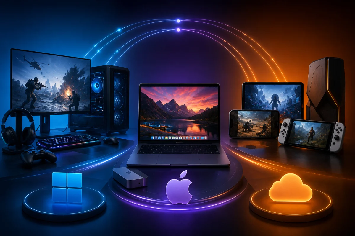Ultra-realistic illustration of clipping software running on a Windows gaming PC, a modern Mac laptop, and cross-platform gaming devices connected through a unified gaming ecosystem for seamless gameplay recording, highlight capture, and sharing without performance loss.