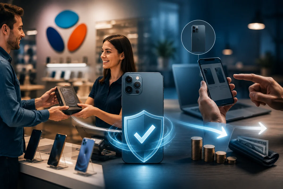 Bouygues Telecom price match guarantee showing smartphone purchase, refund protection, and verified price comparison in a modern mobile store.