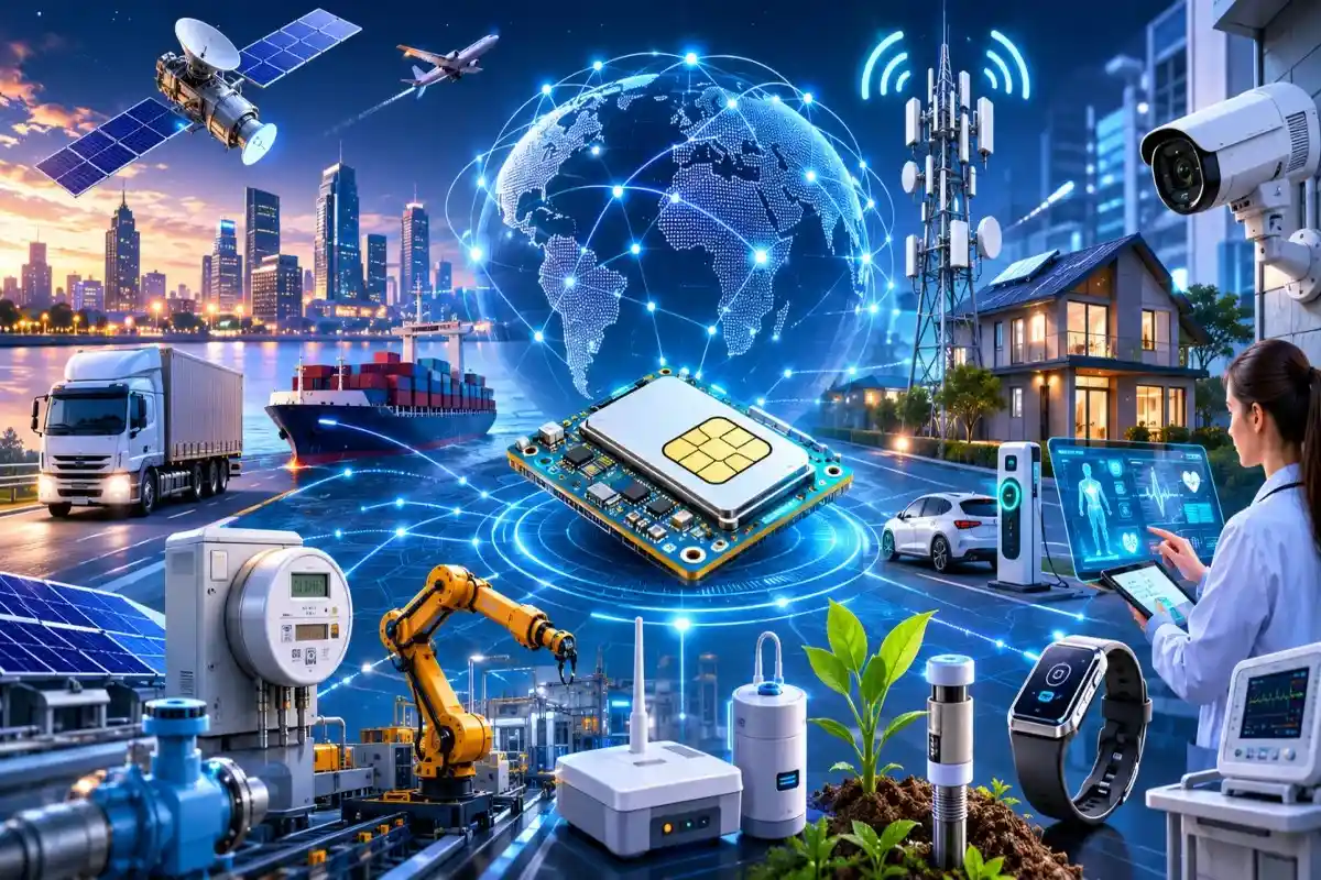 Global Cellular IoT network connecting industrial automation, healthcare devices, smart utilities, logistics, connected homes, and 5G infrastructure for secure IoT connectivity.