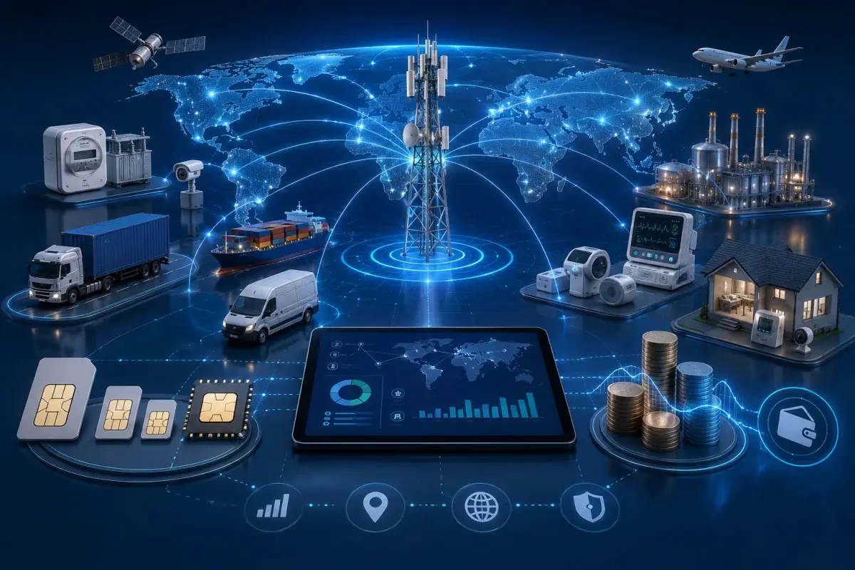 Illustration of a Cellular IoT network connecting industrial equipment, smart meters, medical devices, logistics vehicles, smart homes, satellites, aircraft, and global infrastructure through a central cellular communication tower and worldwide digital network.