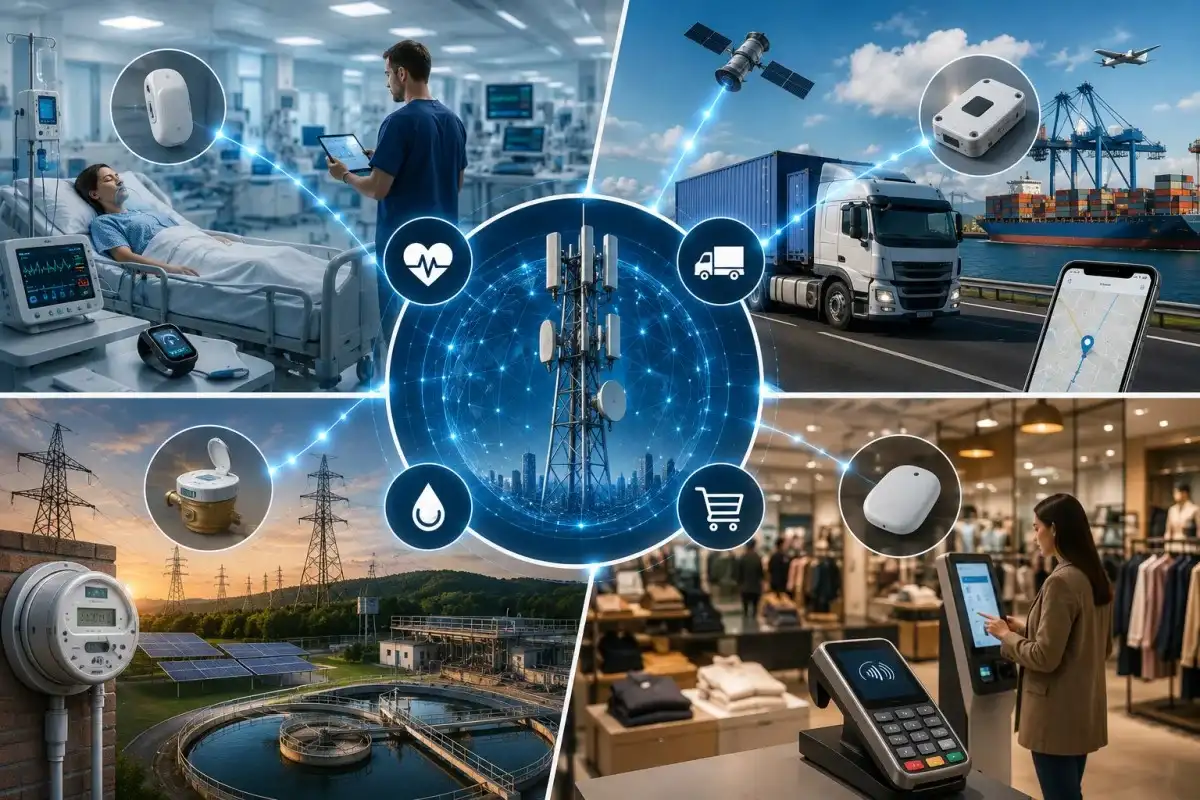 Illustration of Cellular IoT connecting healthcare devices, logistics fleets, utility infrastructure, and retail systems through a central cellular network for real-time monitoring, remote connectivity, secure data transmission, and smart business operations.