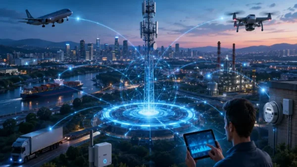 Cellular IoT ecosystem connecting smart cities, industrial facilities, logistics, drones, smart meters, and cloud platforms through secure 5G cellular networks.