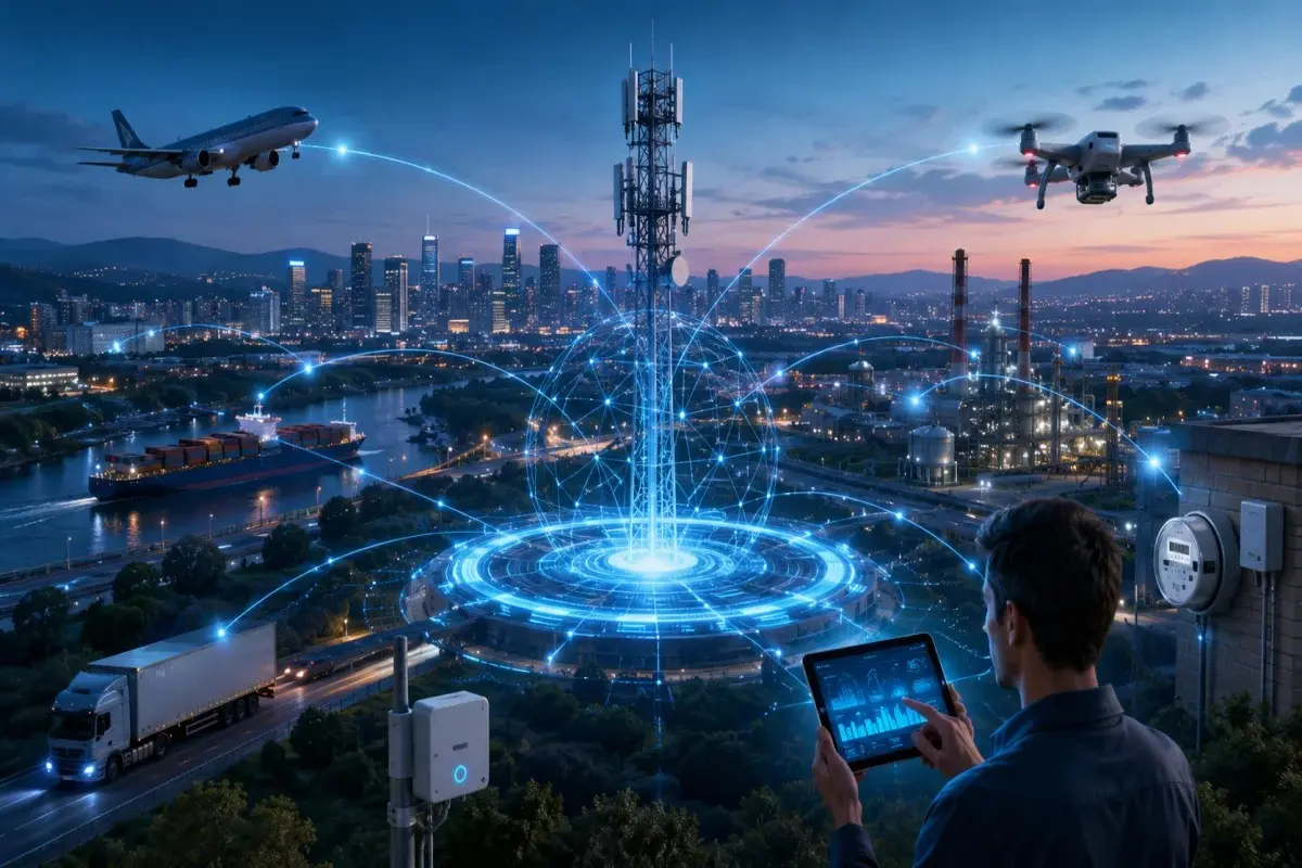 Cellular IoT ecosystem connecting smart cities, industrial facilities, logistics, drones, smart meters, and cloud platforms through secure 5G cellular networks.