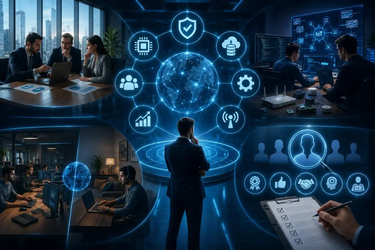 Professional IoT development company selection concept showing business evaluation, in-house and outsourced IoT developers, engineering collaboration, cloud platforms, embedded systems, and secure IoT project planning.