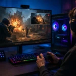 Ultra-realistic gaming setup demonstrating clipping software capturing gameplay highlights in real time on a modern PC with a gamer, RGB peripherals, high-performance hardware, and seamless background recording.