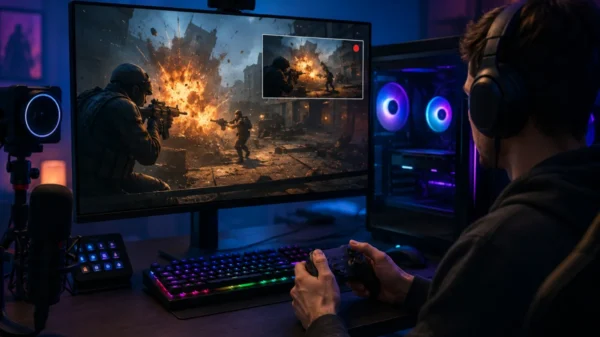 Ultra-realistic gaming setup demonstrating clipping software capturing gameplay highlights in real time on a modern PC with a gamer, RGB peripherals, high-performance hardware, and seamless background recording.