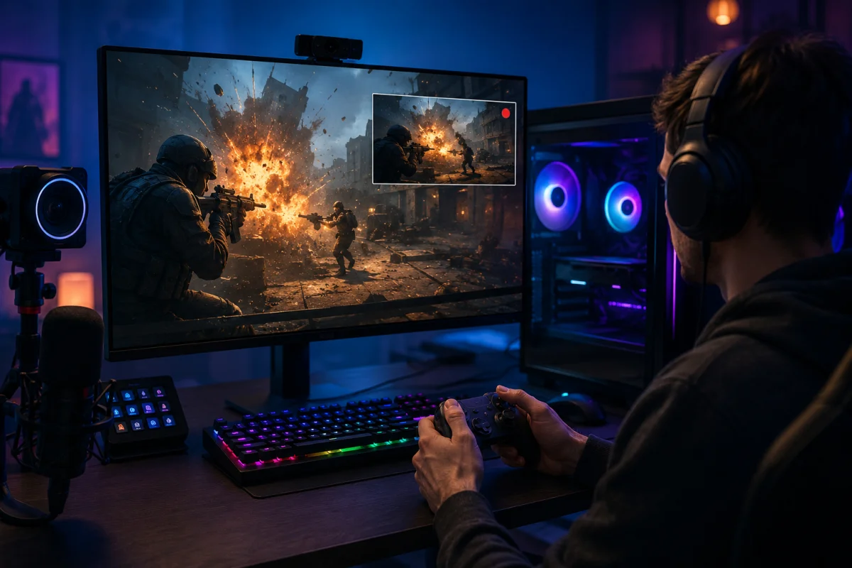 Ultra-realistic gaming setup demonstrating clipping software capturing gameplay highlights in real time on a modern PC with a gamer, RGB peripherals, high-performance hardware, and seamless background recording.