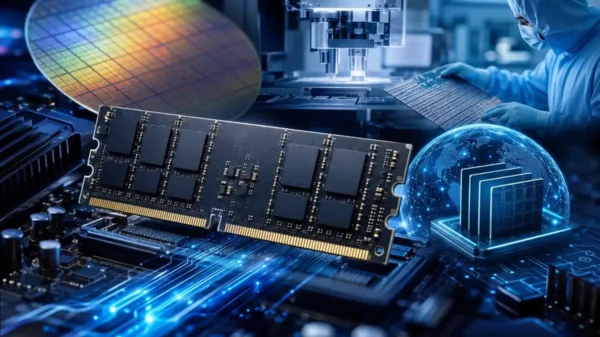 CXMT DDR5 memory modules with semiconductor wafer production and advanced manufacturing equipment illustrating the CXMT DDR5 supply chain expansion and DDR6 development strategy.