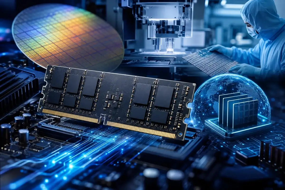 CXMT DDR5 memory modules with semiconductor wafer production and advanced manufacturing equipment illustrating the CXMT DDR5 supply chain expansion and DDR6 development strategy.