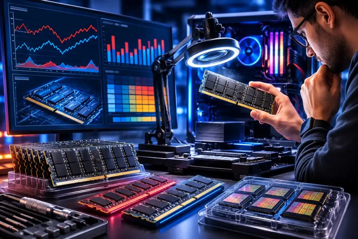 CXMT DDR5 memory modules being tested for overclocking performance, voltage scaling, silicon consistency, and batch variance in a professional hardware evaluation laboratory.