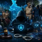 Cyber crime investigation and police crackdown in India featuring cyber security officers, digital evidence, public awareness efforts, and coordinated law enforcement operations.
