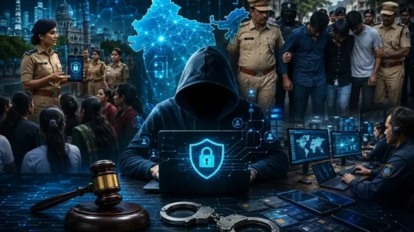 Cyber crime investigation and police crackdown in India featuring cyber security officers, digital evidence, public awareness efforts, and coordinated law enforcement operations.