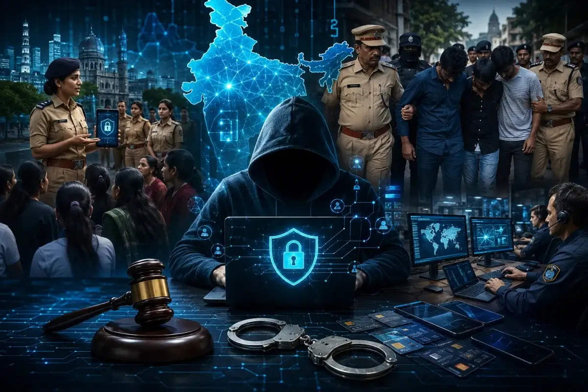 Cyber crime investigation and police crackdown in India featuring cyber security officers, digital evidence, public awareness efforts, and coordinated law enforcement operations.