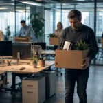 ServiceNow AI restructuring showing employees affected by layoffs alongside modern AI-powered enterprise software workstations in a corporate office.