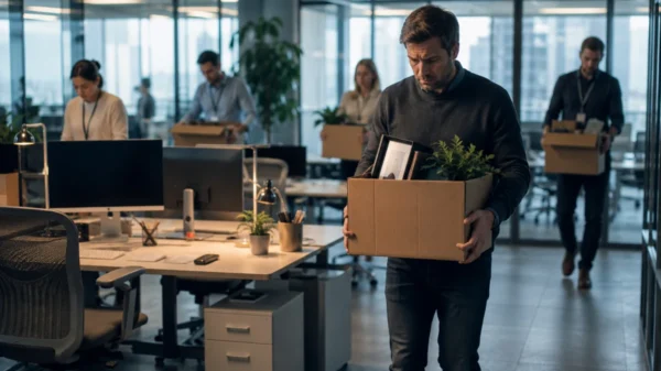 ServiceNow AI restructuring showing employees affected by layoffs alongside modern AI-powered enterprise software workstations in a corporate office.