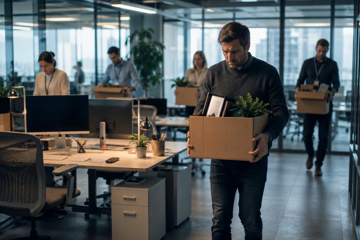 ServiceNow AI restructuring showing employees affected by layoffs alongside modern AI-powered enterprise software workstations in a corporate office.