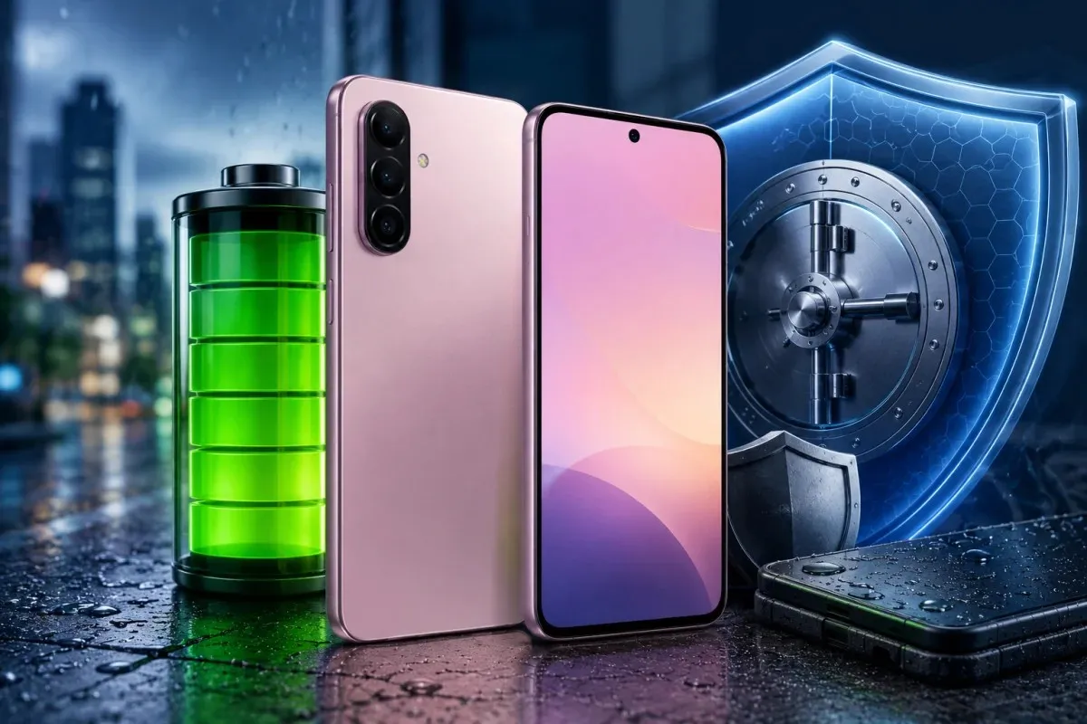 Galaxy A27 5G highlighting its 5,000mAh battery, durable IP64 splash-resistant design, fast charging capability, and hardware-level security in a premium modern illustration.
