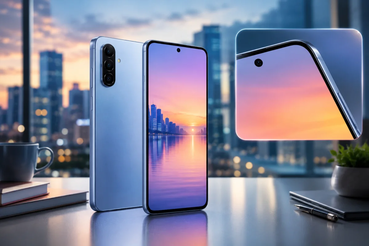 Galaxy A27 5G displaying its Infinity-O punch-hole display, ultra-slim bezels, slim profile, and vibrant Super AMOLED screen in a modern premium product scene.