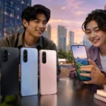 Galaxy A27 5G featured in Black, Blue, and Light Pink with young users demonstrating its AI features, premium design, and immersive 120Hz display in a modern city setting.