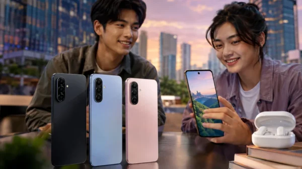 Galaxy A27 5G featured in Black, Blue, and Light Pink with young users demonstrating its AI features, premium design, and immersive 120Hz display in a modern city setting.