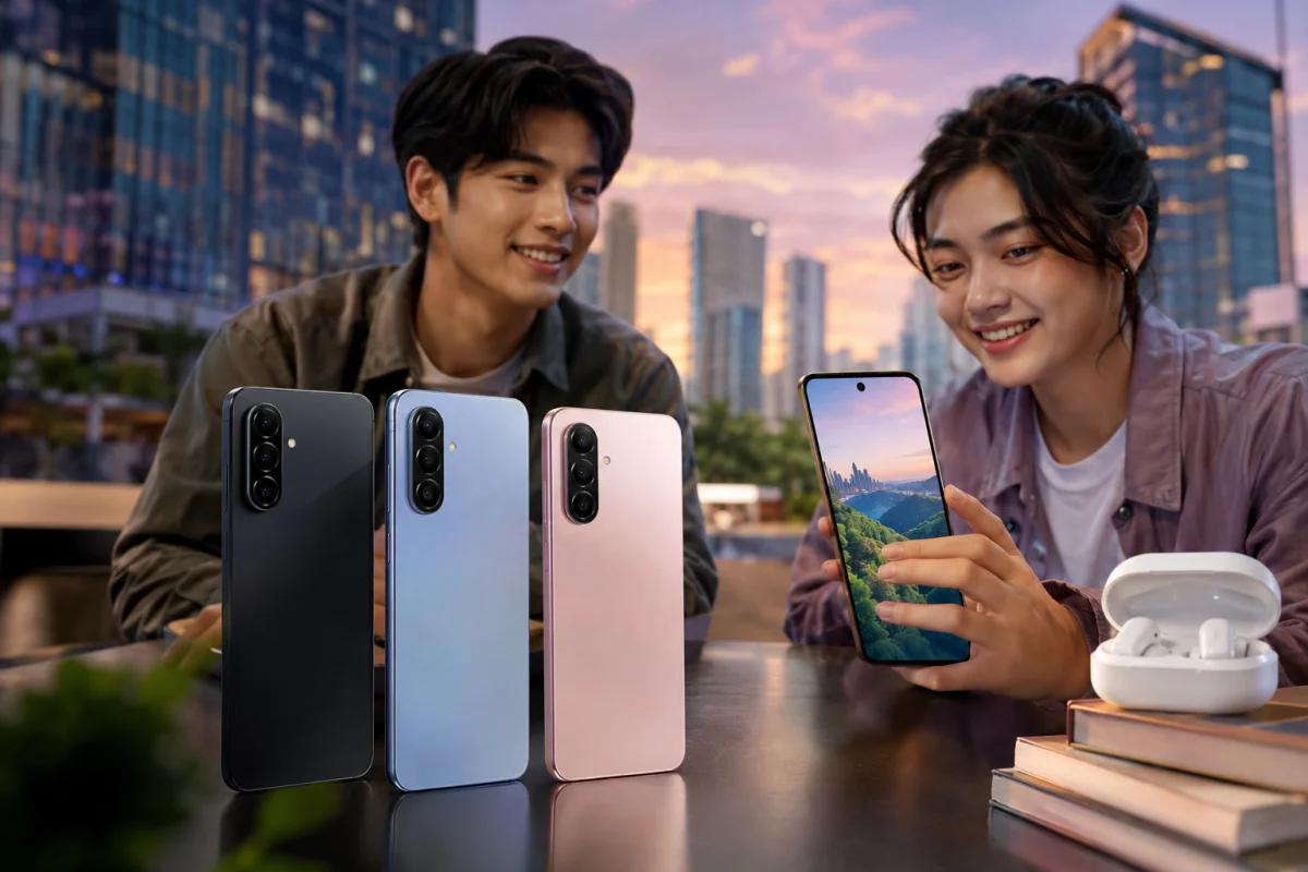 Galaxy A27 5G featured in Black, Blue, and Light Pink with young users demonstrating its AI features, premium design, and immersive 120Hz display in a modern city setting.