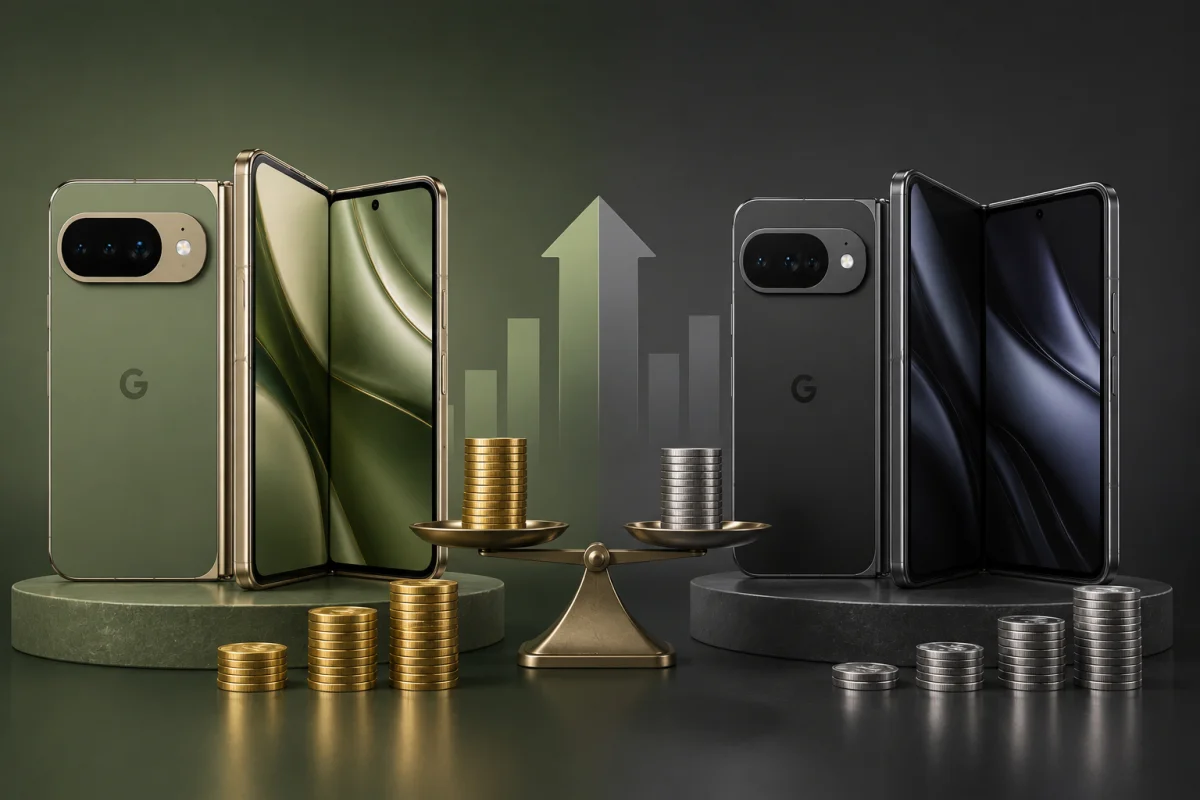 Google Pixel 11 pricing comparison concept showing the latest foldable smartphone lineup with visual elements representing higher prices, increased storage, and comparison with the previous generation.