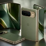 Google Pixel 11 Pro Fold shown in the rumored Pine green color with a premium foldable design and gold-toned frame in a realistic studio setting.