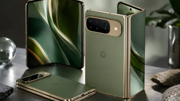 Google Pixel 11 Pro Fold shown in the rumored Pine green color with a premium foldable design and gold-toned frame in a realistic studio setting.