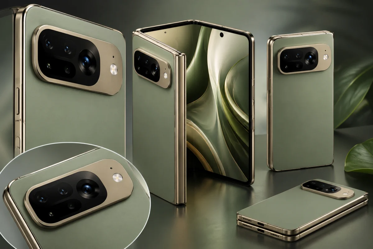 Google Pixel 11 Pro Fold featuring the rumored Pine color, redesigned rear camera bar, larger flash module, and updated camera arrangement in a realistic product showcase.