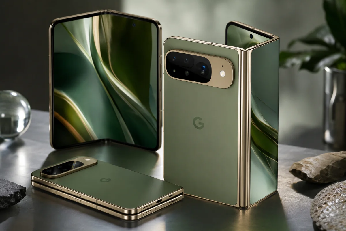 Google Pixel 11 Pro Fold shown in the rumored Pine green color with a premium foldable design and gold-toned frame in a realistic studio setting.