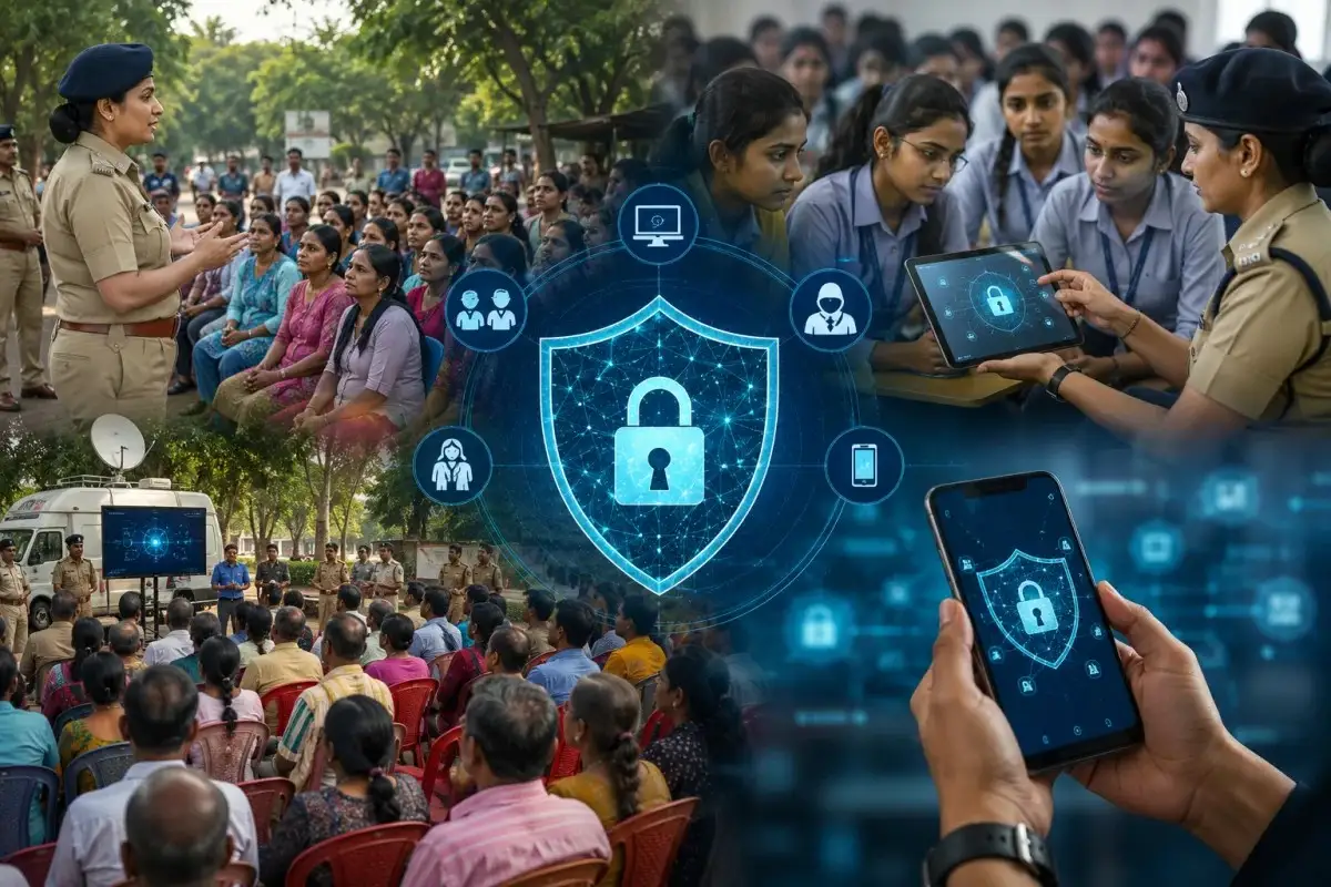 Gujarat Police leading a cyber crime awareness campaign with students and community members during digital safety education and public outreach programmes.