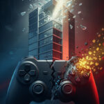 Conceptual illustration of ID Software showing a fractured gaming controller and a collapsing digital building with cybersecurity-themed circuit graphics representing software failure, system disruption, and infrastructure challenges.