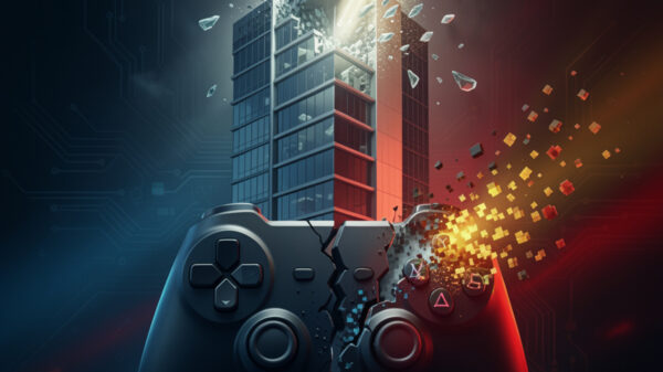 Conceptual illustration of ID Software showing a fractured gaming controller and a collapsing digital building with cybersecurity-themed circuit graphics representing software failure, system disruption, and infrastructure challenges.