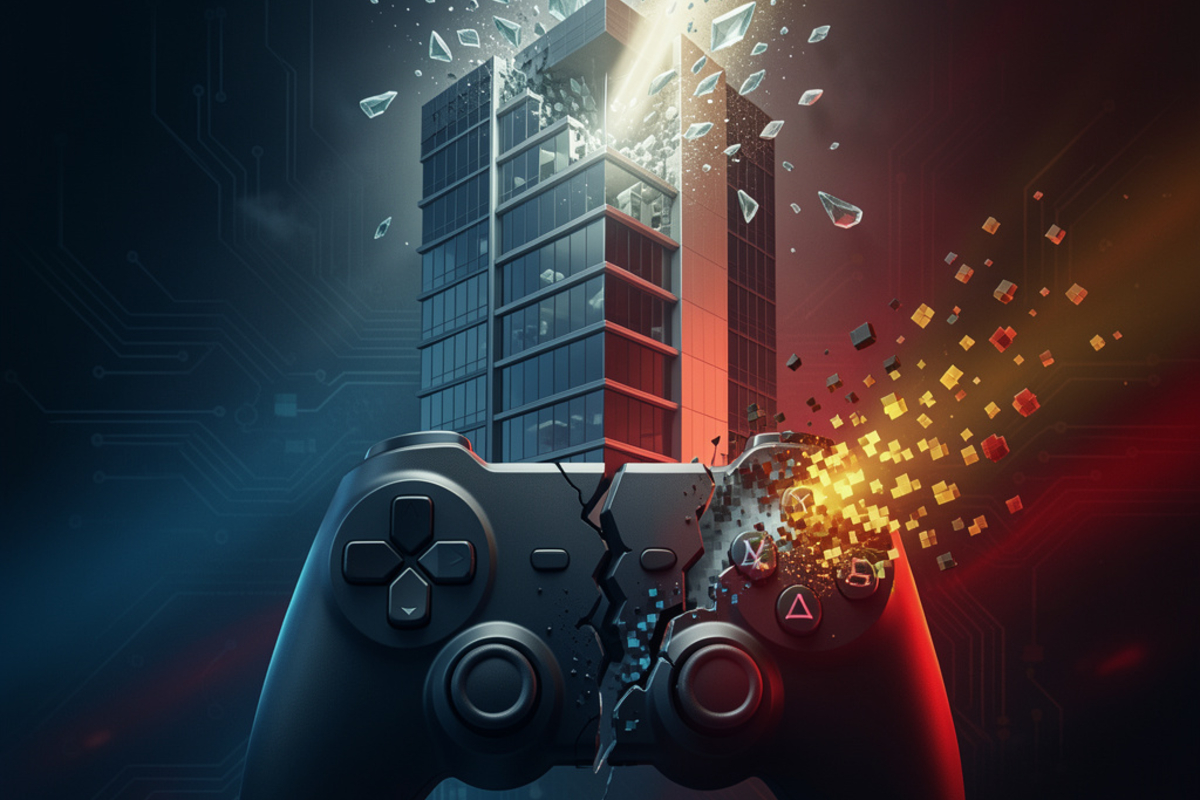 Conceptual illustration of ID Software showing a fractured gaming controller and a collapsing digital building with cybersecurity-themed circuit graphics representing software failure, system disruption, and infrastructure challenges.