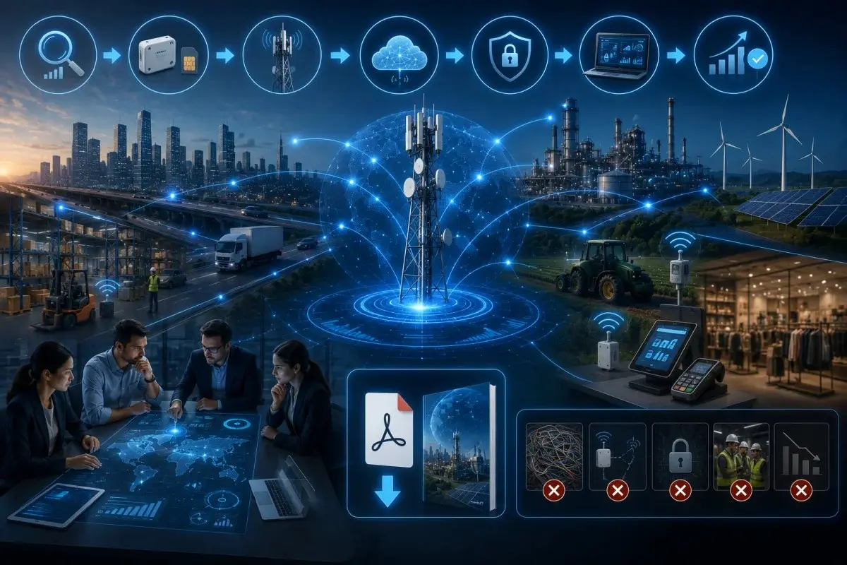 Implementing Cellular IoT for digital transformation with connected industrial systems, smart logistics, secure cloud connectivity, IoT deployment workflow, renewable energy, retail, and enterprise infrastructure powered by advanced 5G networks.