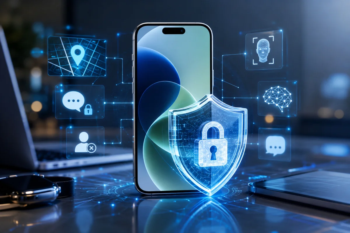 Premium illustration showing iOS 26.6 security update with advanced iPhone protection, AI-ready system enhancements, and modern cybersecurity technology.